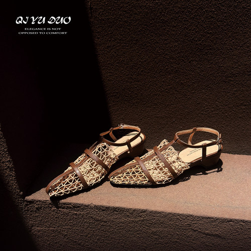 【七与多】5cm/编织美学 复古时尚镂空网网鞋尖头粗跟细带凉鞋女 - 图3