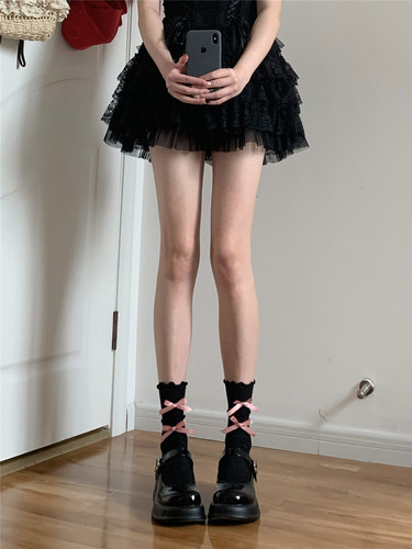 AY To films 少女芭蕾蝴蝶结袜子双层木耳边中筒袜春夏可爱堆堆袜 - 图0