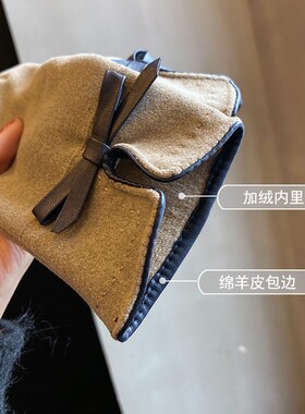 羊毛保暖手套女秋冬季韩版时尚触屏加绒加厚骑行拼色防寒毛口贴标