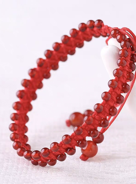 手工编织红玛瑙石榴石本命年手链原创手环礼物男女宽手饰品情人节