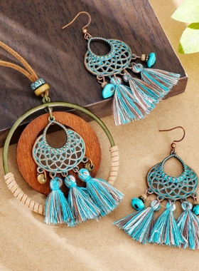 波西米亚长款流苏项链复古小众异域民族风木质毛衣链女新中式配饰