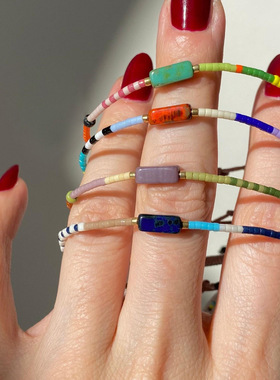 子木。小手链简约波西米亚风彩色友谊手绳天然石串珠爆款