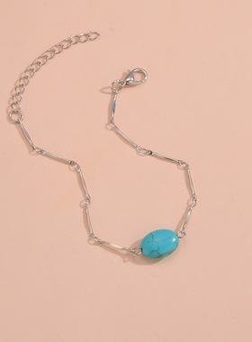 子木。复古时尚几何椭圆形绿松石手链可调节手链森系饰品