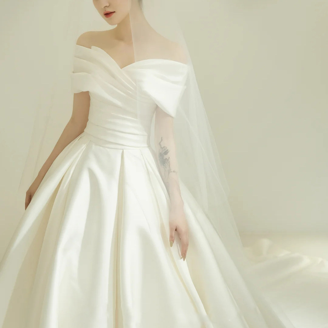 法式缎面轻主婚纱2024新款一字肩拖尾出门纱秋冬小个子简约高级感,淘宝优惠券,粉丝福利购,淘宝优惠卷