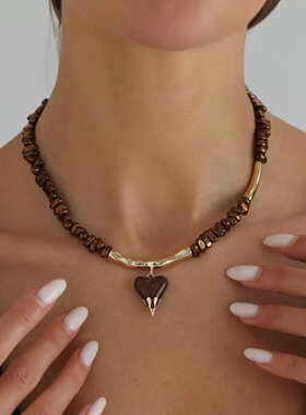 巧克力的心吊坠虎眼石项链女小众高级感锁骨链颈链NECKLACE