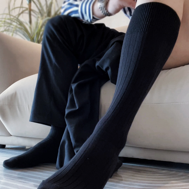 【三双装】男士条纹棉袜长筒自发热保暖秋冬商务袜小腿袜黑色高筒 - 图2