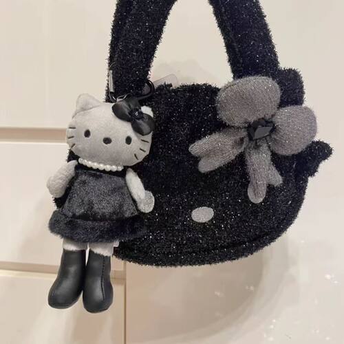日本NIC豹纹黑皮长腿Kitty毛绒挂件可爱kt猫爱心扣书包挂饰钥匙扣 - 图2