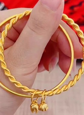 黄金双环麻花镯子素圈镯古法经典金包银手镯送老婆妈妈饰品