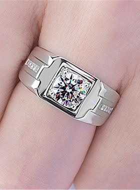 新款男士戒指男 霸气时尚仿真男925镀白金莫桑石指环