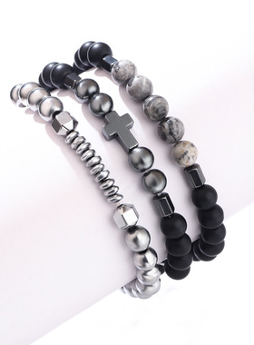 跨境亚马逊手链飞碟片十字架黑胆石复古手串地图石弹力绳手链