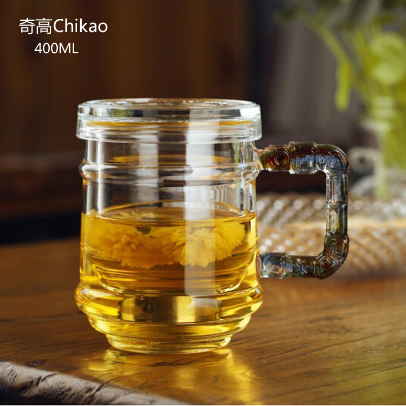 CHIKAO奇高办公杯耐高温大汉玻璃杯加厚花茶杯带盖茶水分离400ML - 图1