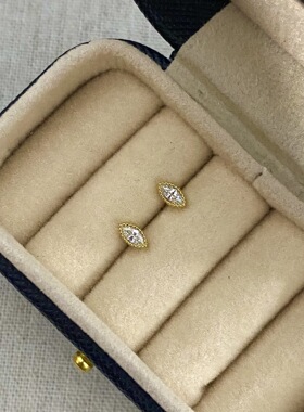 条纹杯托橄榄形耳骨钉S925银镀18K金镶钻耳钉小众ins设计叠戴耳饰
