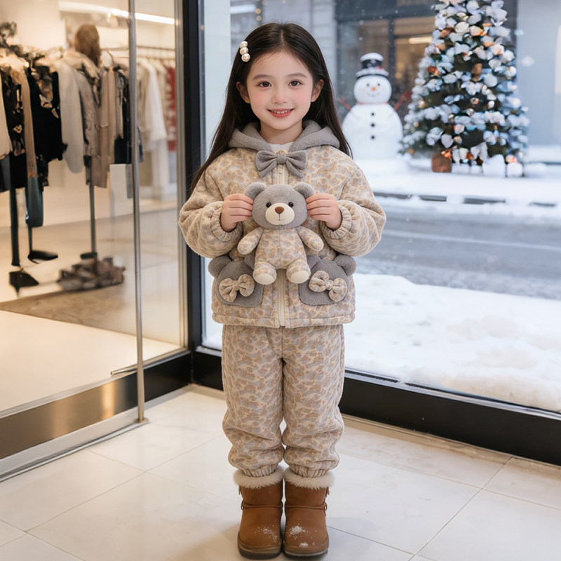 女童冬季夹棉加厚豹纹连帽家居服套装2026新款小女孩洋气保暖睡衣,淘宝优惠券,粉丝福利购,淘宝优惠卷