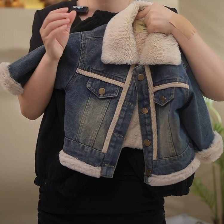 儿童加绒夹克2025秋冬装男女童韩版灰兔毛内里保暖加厚牛仔外套潮,淘宝优惠券,粉丝福利购,淘宝优惠卷