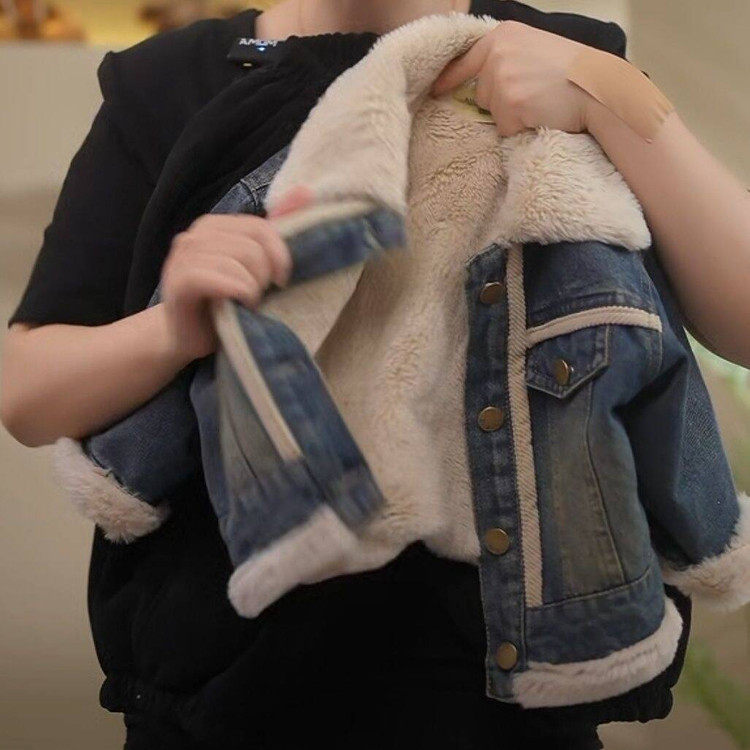 儿童加绒夹克2025秋冬装男女童韩版灰兔毛内里保暖加厚牛仔外套潮,淘宝优惠券,粉丝福利购,淘宝优惠卷