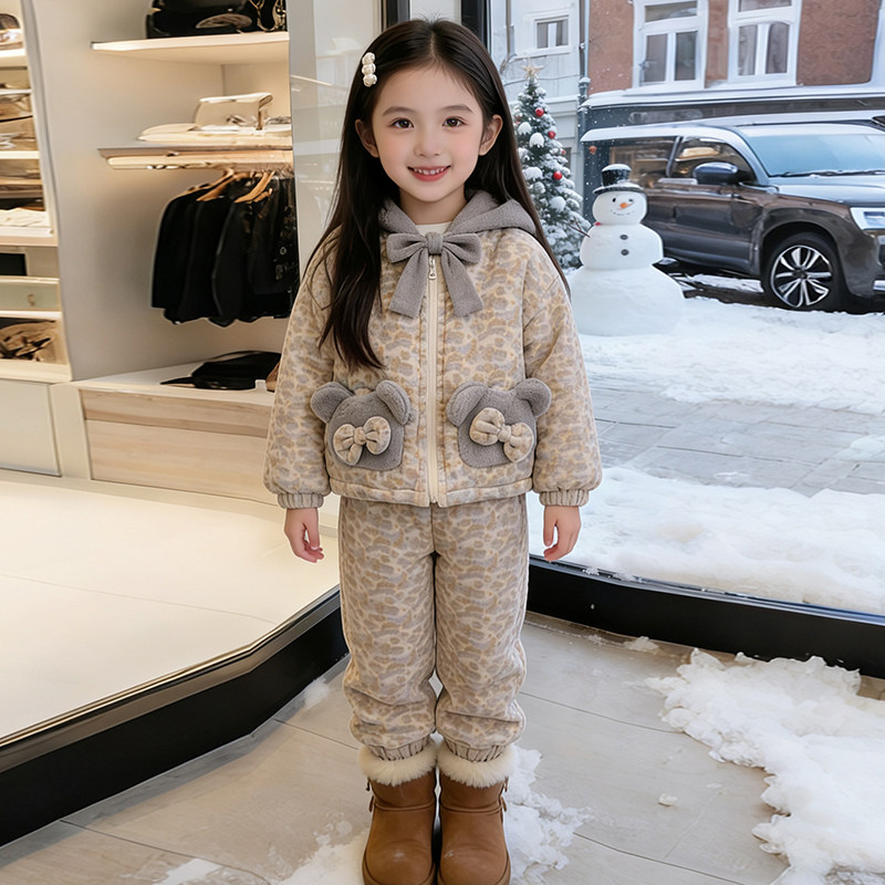 女童冬季夹棉加厚豹纹连帽家居服套装2026新款小女孩洋气保暖睡衣,淘宝优惠券,粉丝福利购,淘宝优惠卷