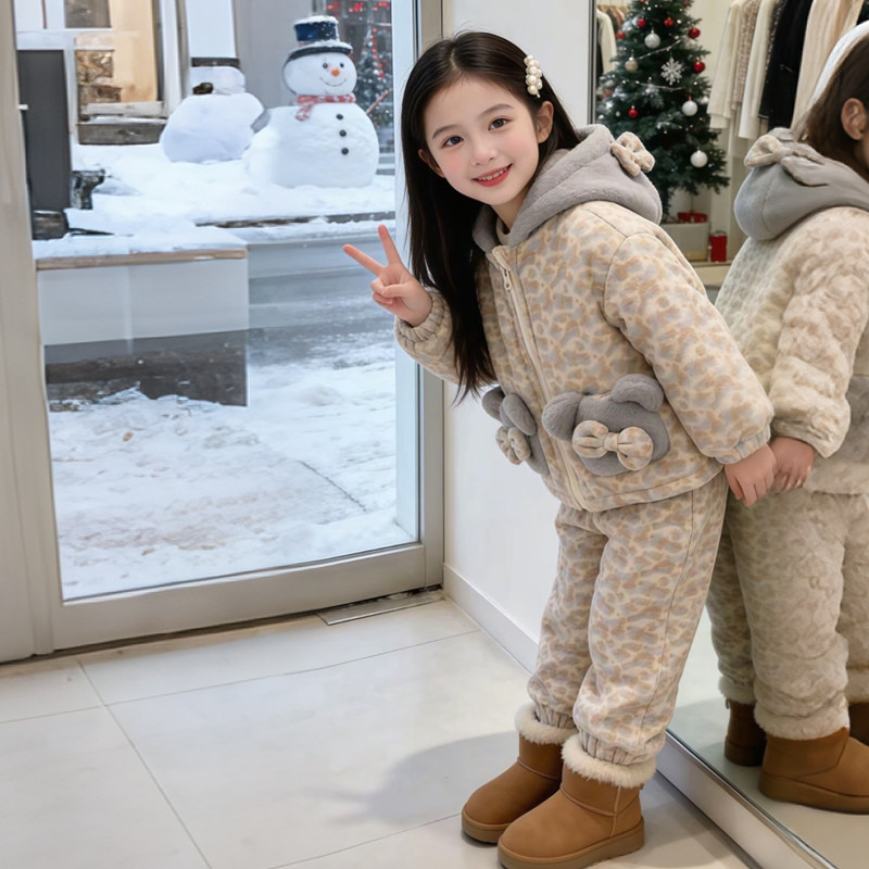 女童冬季夹棉加厚豹纹连帽家居服套装2026新款小女孩洋气保暖睡衣,淘宝优惠券,粉丝福利购,淘宝优惠卷
