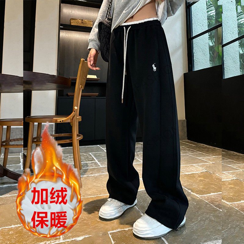 2025冬季加绒加厚时尚蜜桃粉色拼接刺绣弯刀休闲女款运动阔腿卫裤,淘宝优惠券,粉丝福利购,淘宝优惠卷