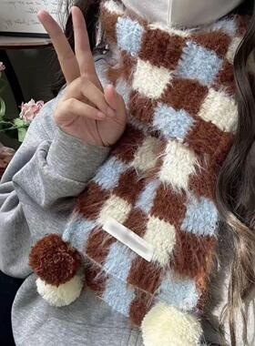 棋盘格围巾毛线手工diy材料包美拉德雪花纱编织毛线送男女友礼物