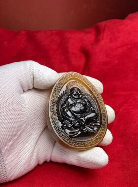 天然披毛犀弥勒佛牌子吊坠摆件鱼籽纹竹丝纹高端文玩古玩可雕