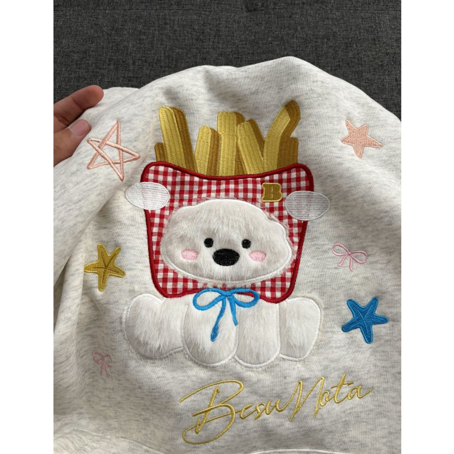 可爱刺绣薯条小狗耳朵连帽卫衣女秋冬宽松韩系慵懒风chic帽衫外套 - 图0