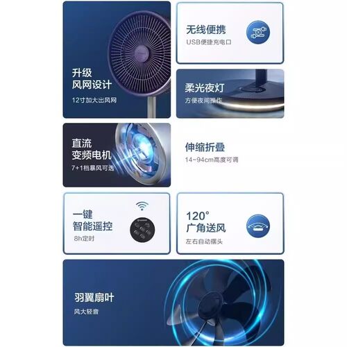 艾美特落地循环扇多功能轻音伸缩折叠电风扇家用户外露营充电台式 - 图3