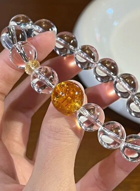跨境天然白水晶全净体圆珠12mm单圈女款手串百搭款琥珀简约时尚