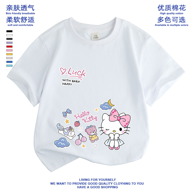 hello kitty衣服小学生女童上衣半袖卡通哈喽kt短袖凯蒂猫T恤童装 - 图0