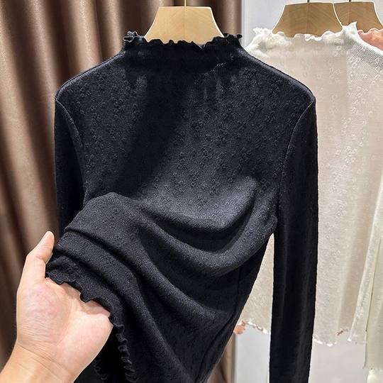 半高领提花蕾丝打底衫女2025新款春秋洋气内搭木耳边网纱t恤