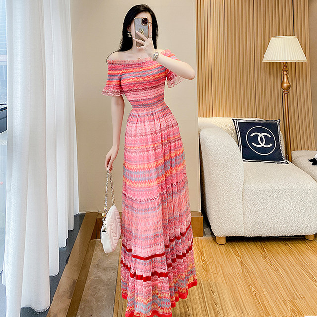 Printed holiday style waist-cinching one-shoulder long dress