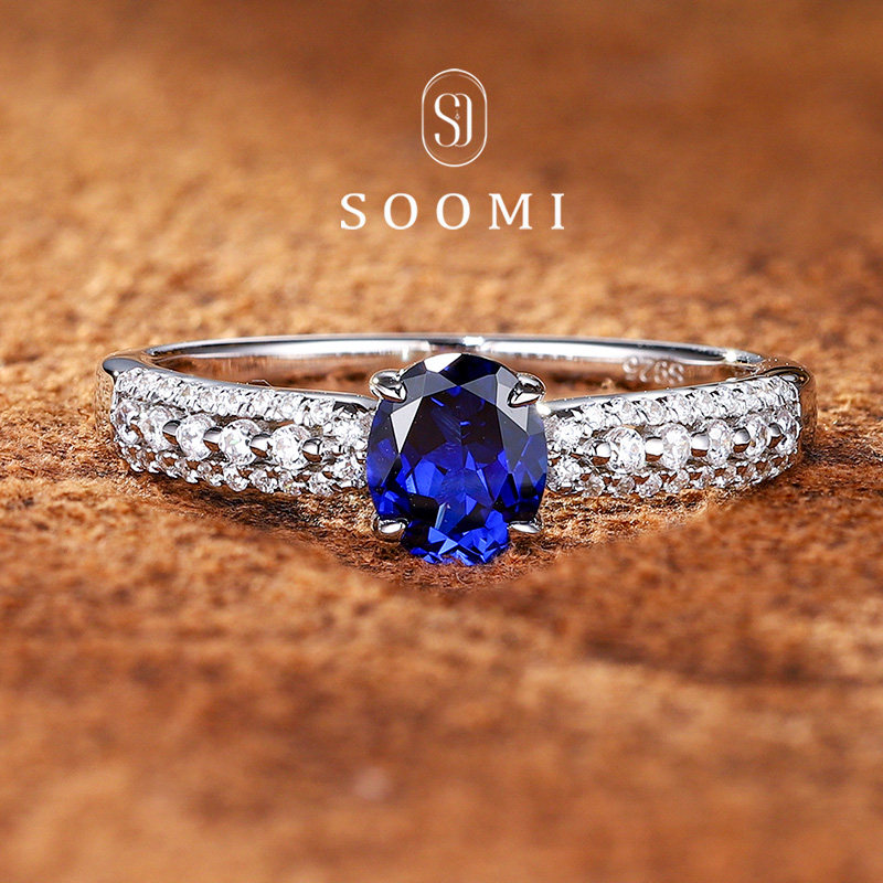 Royal sapphire ring 1ct cultured color silver gold-plated design double row diamond ring for women