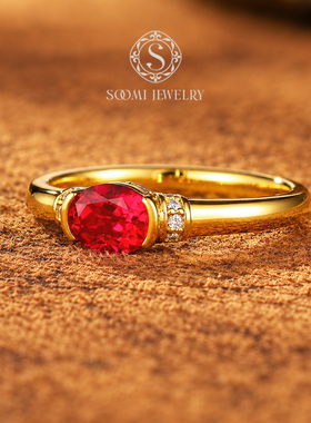 【 新品 星眸】鸽血红戒指培育红宝石蛋形简约款莫桑钻女戒