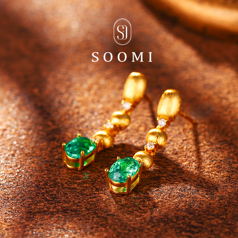 【SOOMI万万】2克拉培育木佐色祖母绿耳钉拉丝复古风耳坠女925银 - 图0