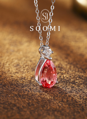 【SOOMI 人鱼泪】帕帕拉恰项链2.6ct培育蓝宝石吊坠925纯银