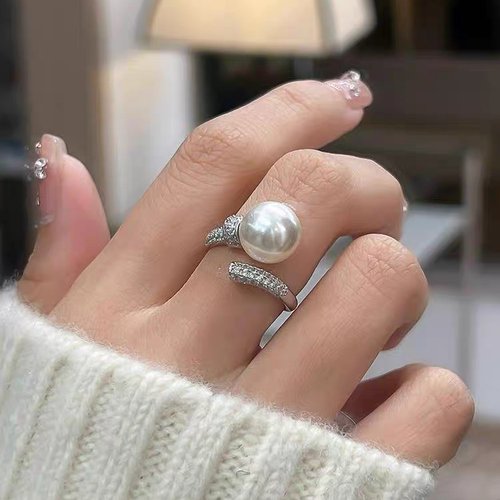 DIY配件 S925纯银满钻开口戒指空托 珍珠指环手饰戒圈10-12mm圆 - 图0