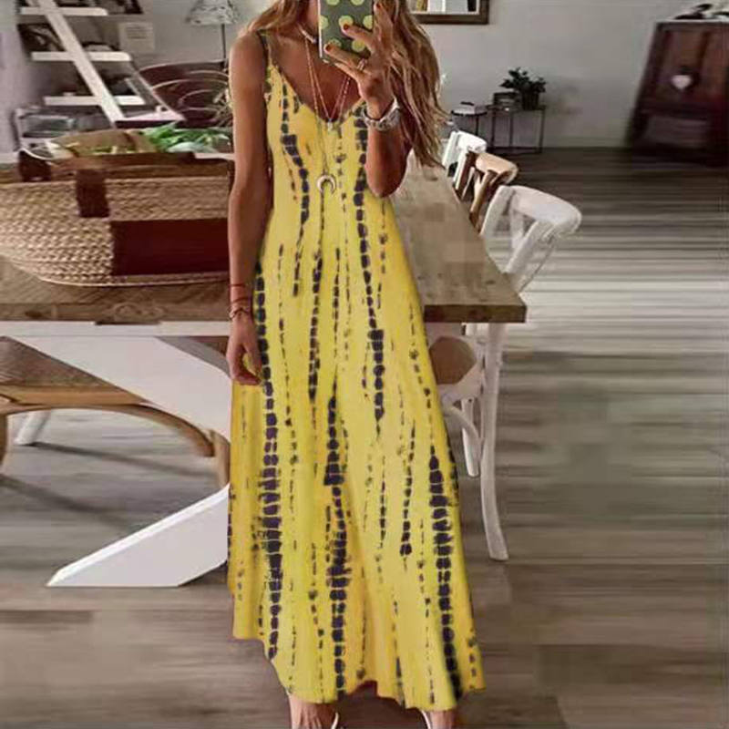 Tie-dye print slouchy maxi dress扎染印花大摆休闲吊带连衣长裙 - 图1