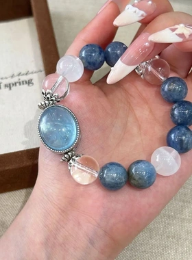 巧恩天然海蓝宝蓝晶白水晶白幽灵手链女生大颗粒小众水晶串珠