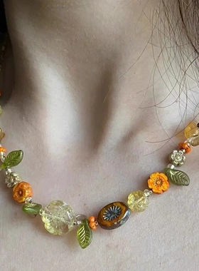 夏威夷氛围感海边小岛森系小众配饰植物叶子小清新花卉串珠项链女