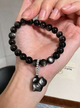 天然银曜石手串10mm小猫手串银曜石8mm 925银跑环