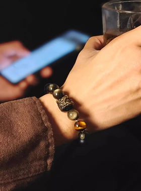 天然银曜石手链国潮醒狮男女士情侣款文玩黑曜石手串金曜石饰品