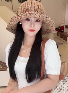 草帽女2025新款春夏时尚防晒沙滩帽海边度假可折叠大檐条纹渔夫帽