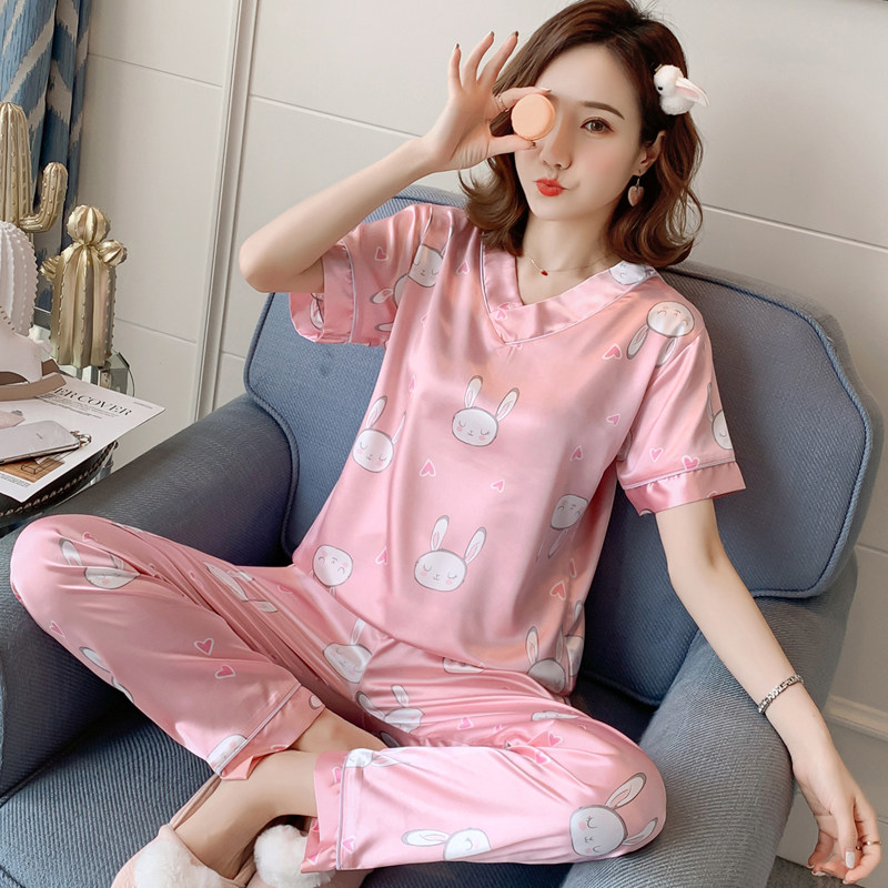 短袖长裤睡衣女夏天冰丝V领卡通可爱仿真丝绸加肥大码家居服套装,淘宝优惠券,粉丝福利购,淘宝优惠卷