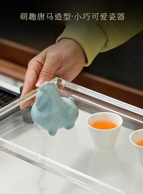 汝窑天青小唐马摆件开片可养茶宠