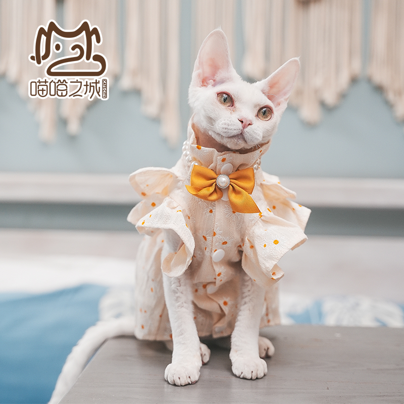 2023年夏季纯棉布无毛猫斯芬克的德文宠物猫衣服公主风可爱连衣裙-图0