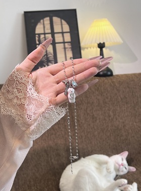 「露思同款」银色小熊镶钻项链女小众高级感简约风时尚甜美ins风