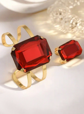 欧美跨境货源夸张红宝石祖母绿手镯戒指套装女小众设计感首饰套装