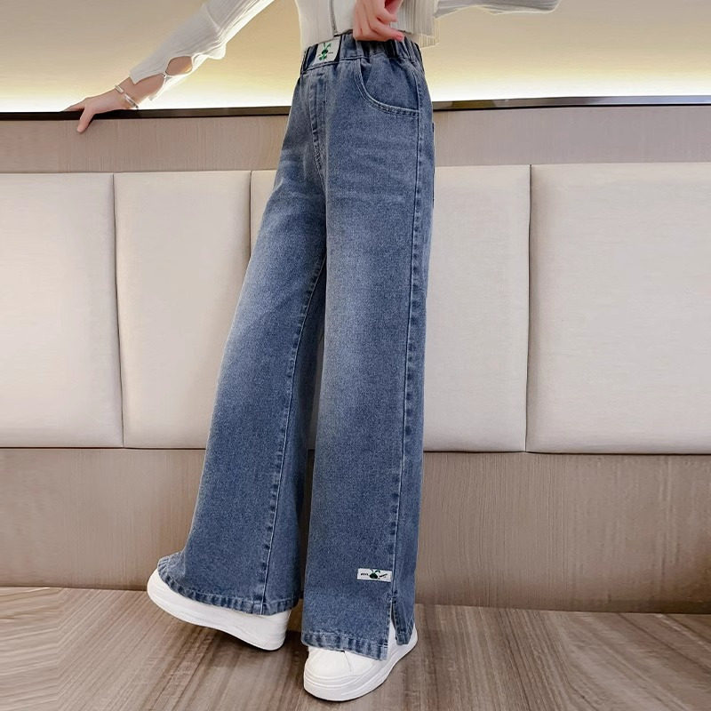 女童裤子春秋2026新款中大童休闲阔腿直筒春季儿童牛仔裤开叉长裤,淘宝优惠券,粉丝福利购,淘宝优惠卷
