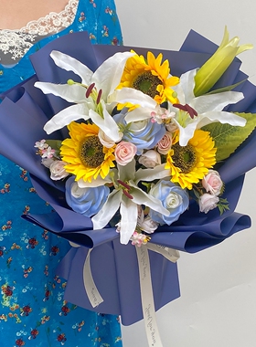 仿真花束向日葵百合颁奖交车开工假花舞台献花年会毕业拍照手捧花