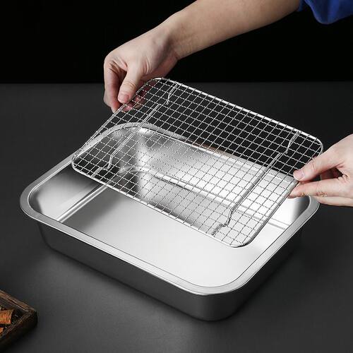 不锈钢特厚方盘带网控油架商用托盘滤水滤油盘熟食展示盘炸串盘子 - 图2