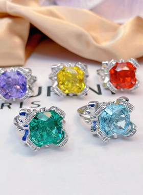 轻奢托帕蓝戒指大克拉祖母绿分大钻紫水晶黄钻彩宝蝴蝶结开口戒指